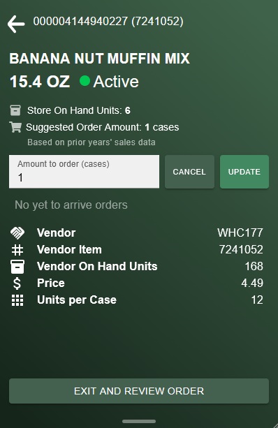 Item detail view in SmartPO after a barcode scan, with on-hand context and ordering controls